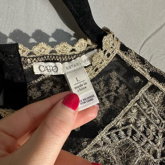 Y2K Vintage Top Women Large Black Lace Sheer Gold Metallic Crochet Glam Art Deco - Picture 2 of 10